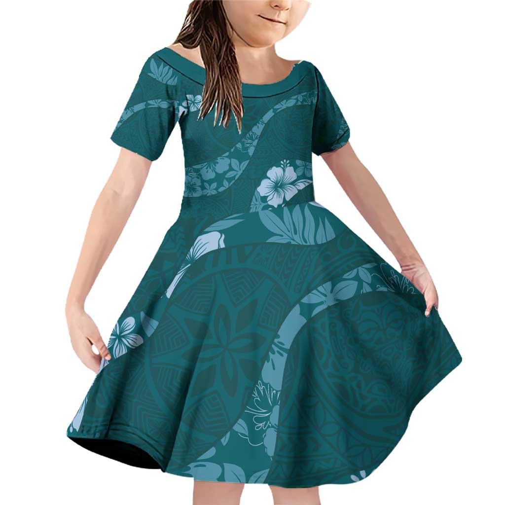Aloha Hawaii Floral Tapa Family Matching Off Shoulder Short Dress and Hawaiian Shirt Patchwork Teal LT7 Daughter's Dress Teal - Polynesian Pride
