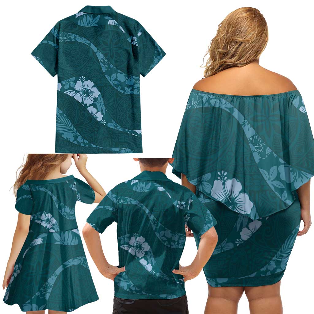 Aloha Hawaii Floral Tapa Family Matching Off Shoulder Short Dress and Hawaiian Shirt Patchwork Teal LT7 - Polynesian Pride