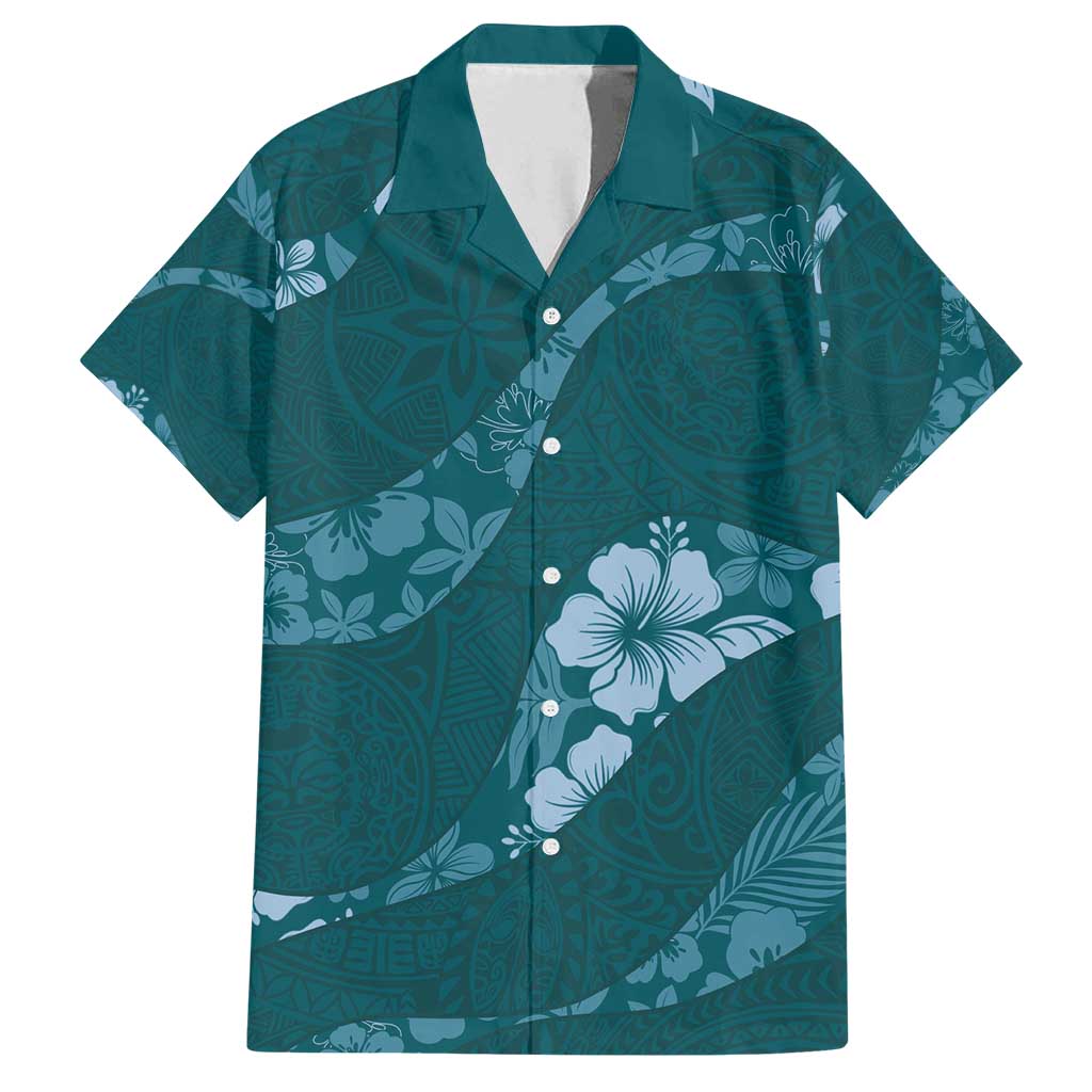 Aloha Hawaii Floral Tapa Family Matching Off Shoulder Short Dress and Hawaiian Shirt Patchwork Teal LT7 Dad's Shirt - Short Sleeve Teal - Polynesian Pride