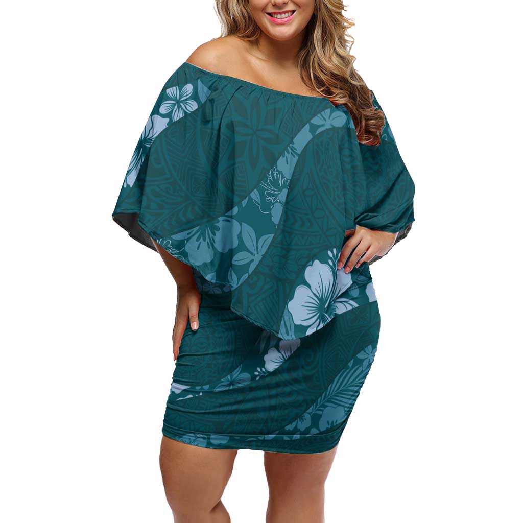 Aloha Hawaii Floral Tapa Family Matching Off Shoulder Short Dress and Hawaiian Shirt Patchwork Teal LT7 Mom's Dress Teal - Polynesian Pride