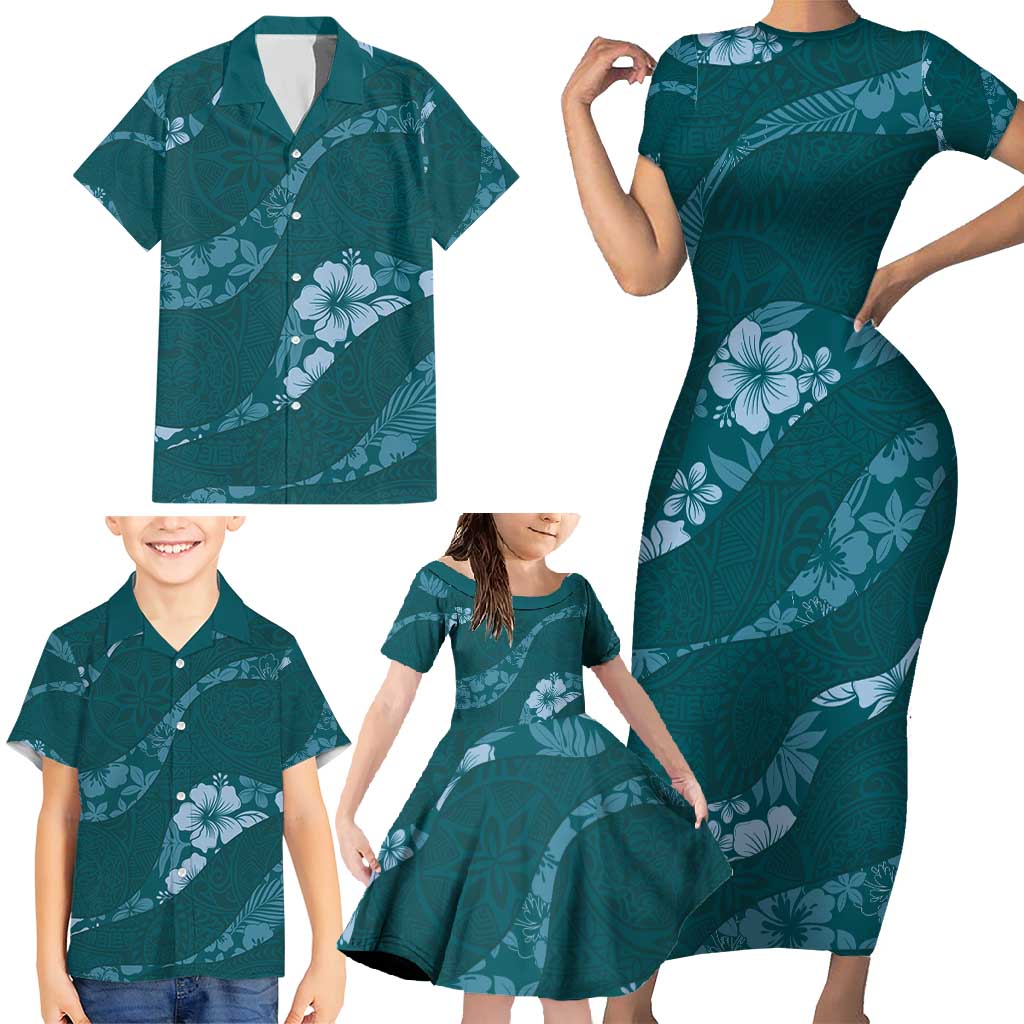 Aloha Hawaii Floral Tapa Family Matching Short Sleeve Bodycon Dress and Hawaiian Shirt Patchwork Teal LT7 - Polynesian Pride