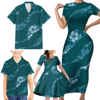 Aloha Hawaii Floral Tapa Family Matching Short Sleeve Bodycon Dress and Hawaiian Shirt Patchwork Teal LT7 - Polynesian Pride