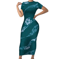 Aloha Hawaii Floral Tapa Family Matching Short Sleeve Bodycon Dress and Hawaiian Shirt Patchwork Teal LT7 Mom's Dress Teal - Polynesian Pride