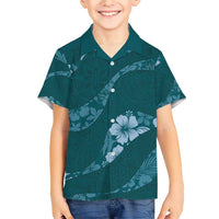 Aloha Hawaii Floral Tapa Family Matching Short Sleeve Bodycon Dress and Hawaiian Shirt Patchwork Teal LT7 Son's Shirt Teal - Polynesian Pride