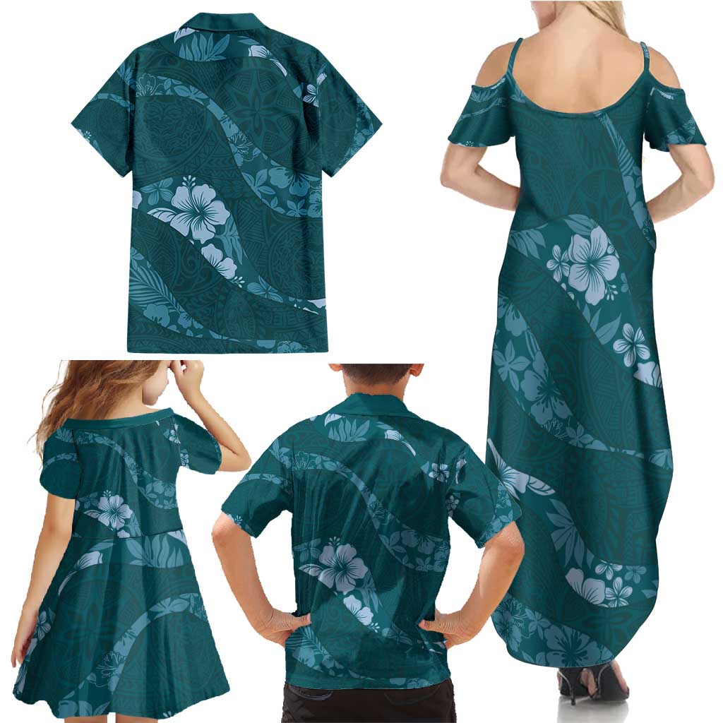 Aloha Hawaii Floral Tapa Family Matching Summer Maxi Dress and Hawaiian Shirt Patchwork Teal LT7 - Polynesian Pride