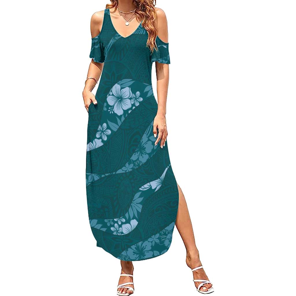Aloha Hawaii Floral Tapa Family Matching Summer Maxi Dress and Hawaiian Shirt Patchwork Teal LT7 Mom's Dress Teal - Polynesian Pride
