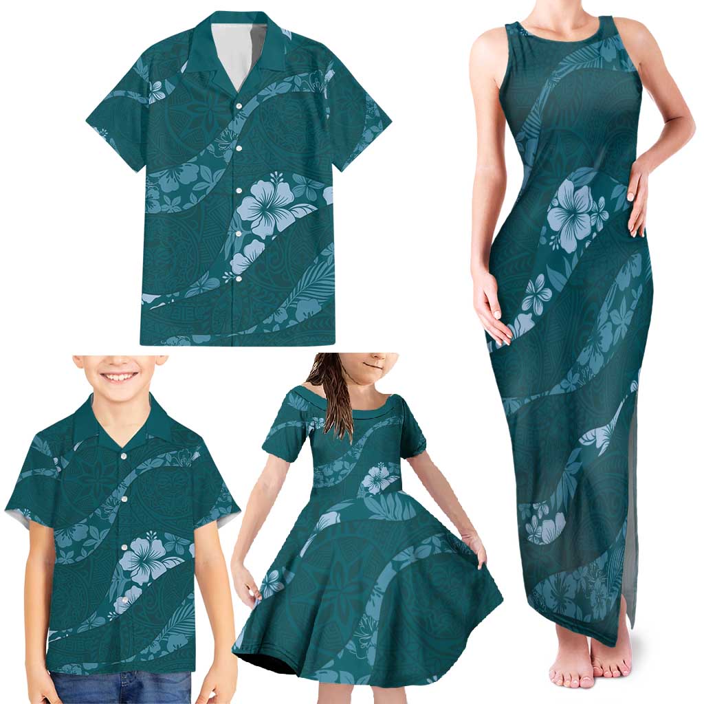 Aloha Hawaii Floral Tapa Family Matching Tank Maxi Dress and Hawaiian Shirt Patchwork Teal LT7 - Polynesian Pride