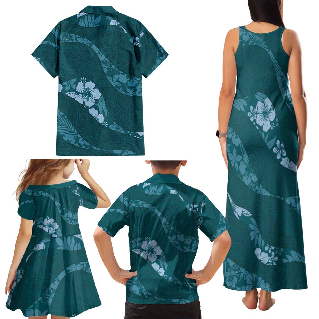 Aloha Hawaii Floral Tapa Family Matching Tank Maxi Dress and Hawaiian Shirt Patchwork Teal LT7 - Polynesian Pride