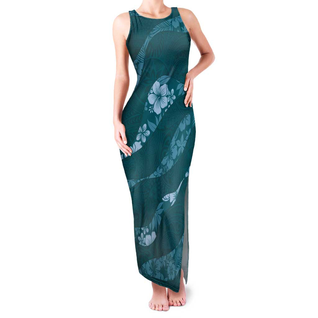 Aloha Hawaii Floral Tapa Family Matching Tank Maxi Dress and Hawaiian Shirt Patchwork Teal LT7 Mom's Dress Teal - Polynesian Pride