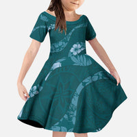 Aloha Hawaii Floral Tapa Kid Short Sleeve Dress Patchwork Teal LT7 KID Teal - Polynesian Pride