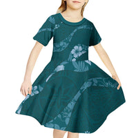 Aloha Hawaii Floral Tapa Kid Short Sleeve Dress Patchwork Teal LT7 - Polynesian Pride