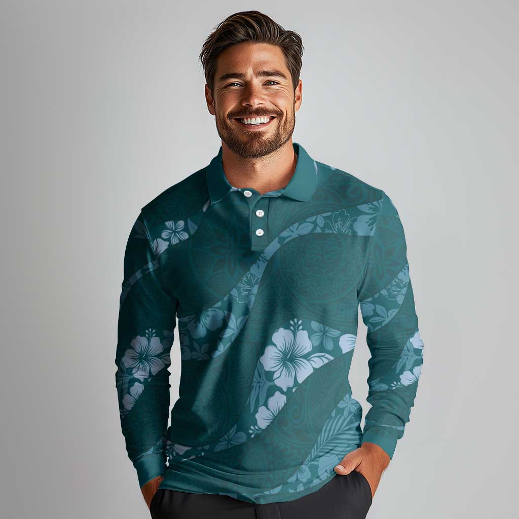 Aloha Hawaii Floral Tapa Long Sleeve Polo Shirt Patchwork Teal - Polynesian Pride