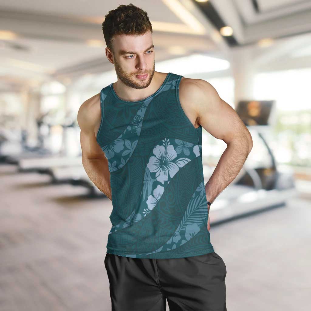 Aloha Hawaii Floral Tapa Men Tank Top Patchwork Teal - Polynesian Pride