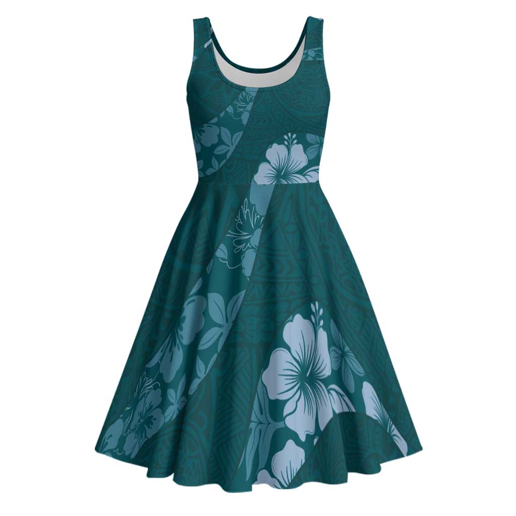 Aloha Hawaii Floral Tapa Midi Dress Patchwork Teal - Polynesian Pride