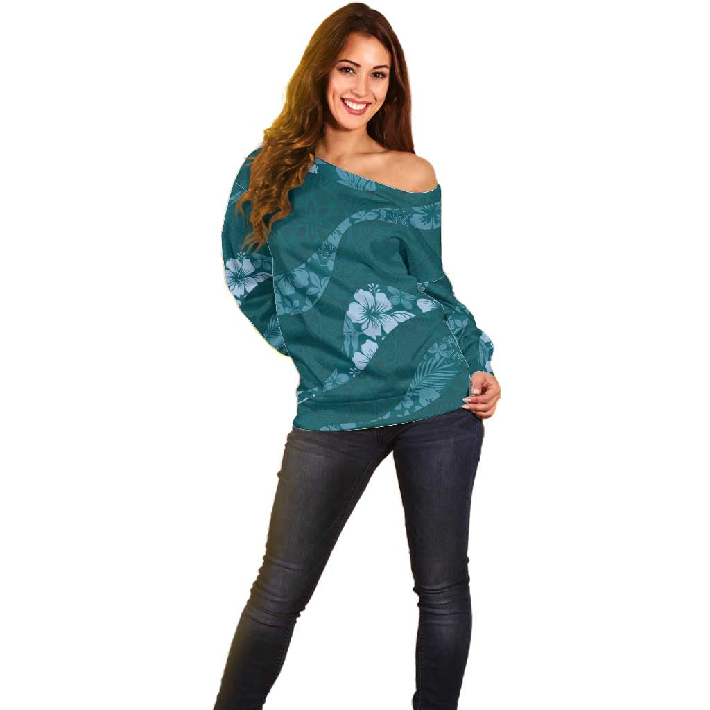 Aloha Hawaii Floral Tapa Off Shoulder Sweater Patchwork Teal - Polynesian Pride
