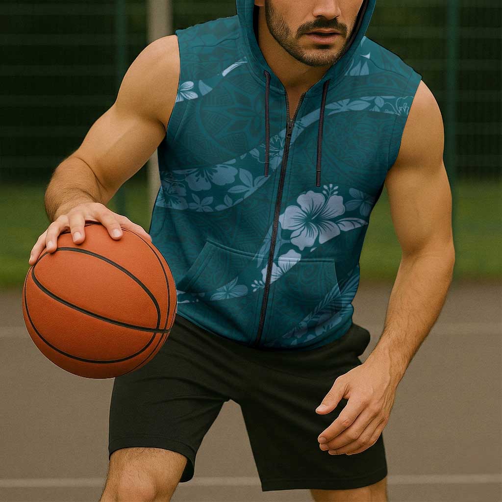 Aloha Hawaii Floral Tapa Sleeveless Zip Hoodie Patchwork Teal LT7 - Polynesian Pride