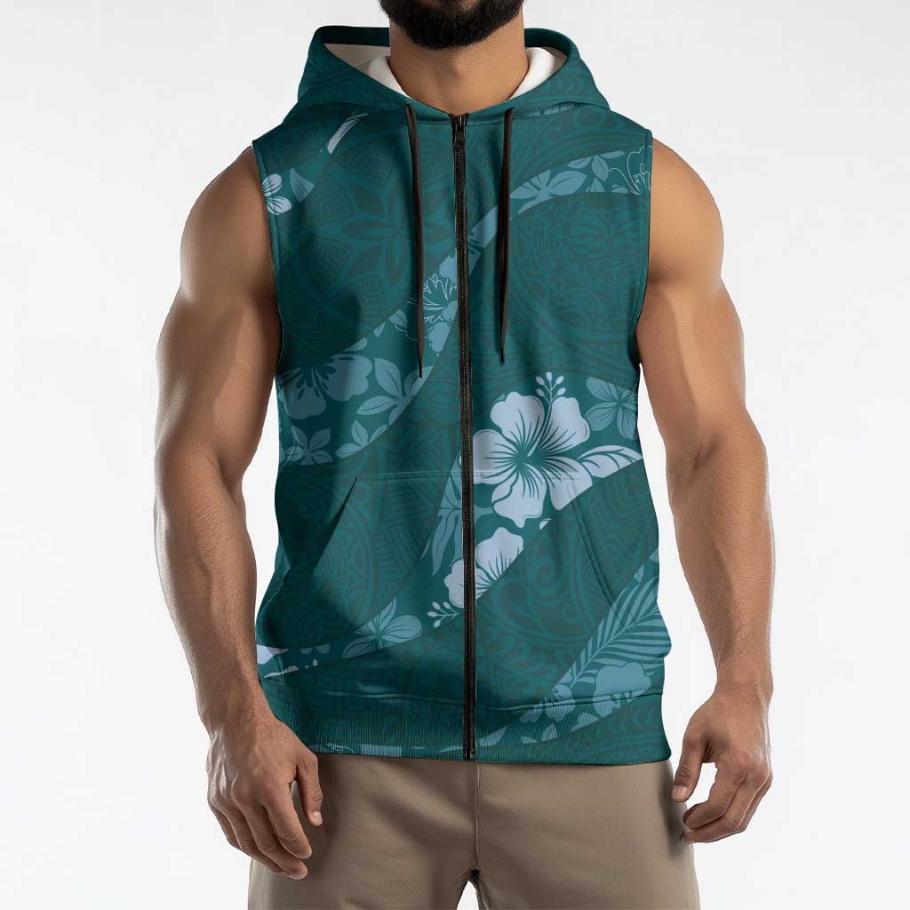 Aloha Hawaii Floral Tapa Sleeveless Zip Hoodie Patchwork Teal LT7 - Polynesian Pride