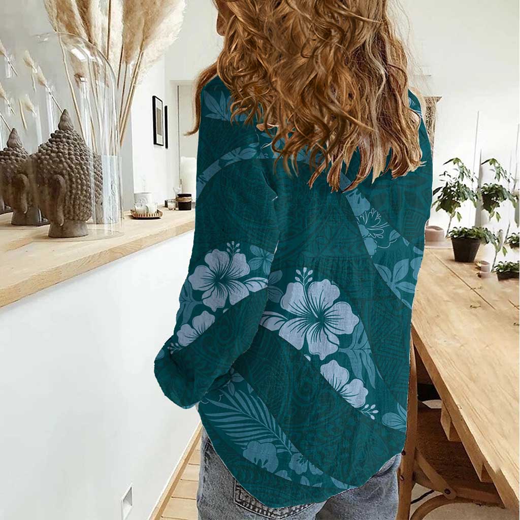 Aloha Hawaii Floral Tapa Women Casual Shirt Patchwork Teal - Polynesian Pride