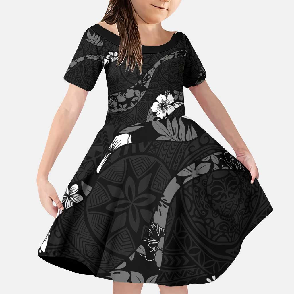Aloha Hawaii Floral Tapa Family Matching Long Sleeve Bodycon Dress and Hawaiian Shirt Patchwork Charcoal LT7 Daughter's Dress Charcoal - Polynesian Pride