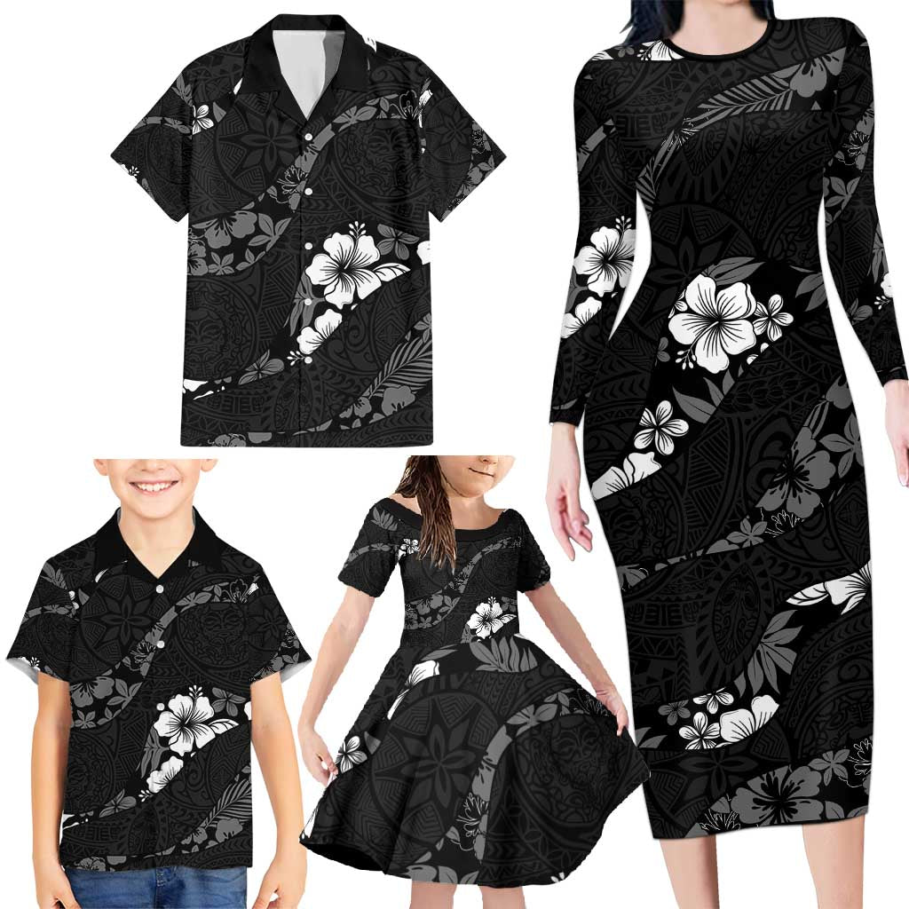 Aloha Hawaii Floral Tapa Family Matching Long Sleeve Bodycon Dress and Hawaiian Shirt Patchwork Charcoal LT7 - Polynesian Pride