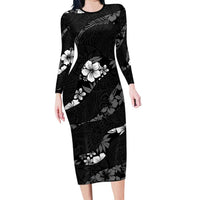 Aloha Hawaii Floral Tapa Family Matching Long Sleeve Bodycon Dress and Hawaiian Shirt Patchwork Charcoal LT7 Mom's Dress Charcoal - Polynesian Pride