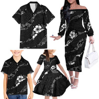 Aloha Hawaii Floral Tapa Family Matching Off The Shoulder Long Sleeve Dress and Hawaiian Shirt Patchwork Charcoal LT7 - Polynesian Pride