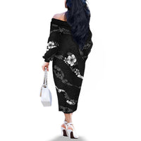 Aloha Hawaii Floral Tapa Family Matching Off The Shoulder Long Sleeve Dress and Hawaiian Shirt Patchwork Charcoal LT7 - Polynesian Pride