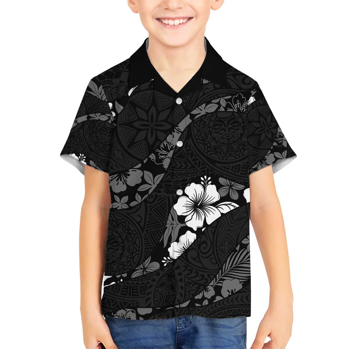 Aloha Hawaii Floral Tapa Family Matching Off The Shoulder Long Sleeve Dress and Hawaiian Shirt Patchwork Charcoal LT7 Son's Shirt Charcoal - Polynesian Pride