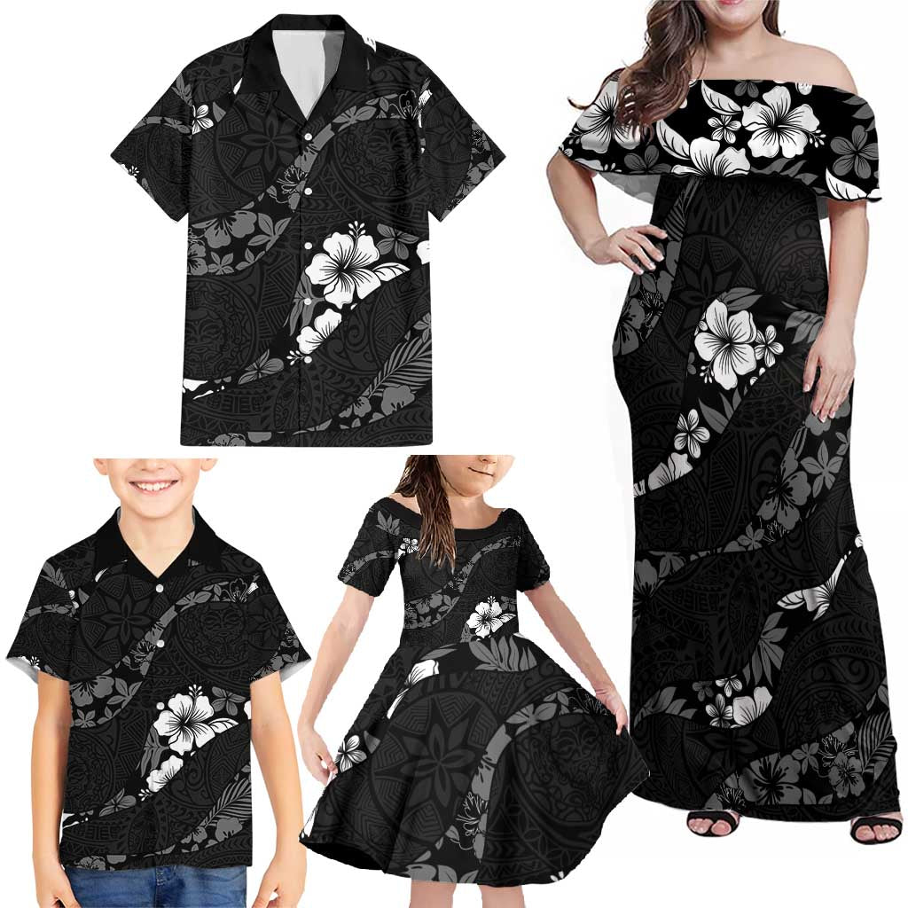Aloha Hawaii Floral Tapa Family Matching Off Shoulder Maxi Dress and Hawaiian Shirt Patchwork Charcoal LT7 - Polynesian Pride