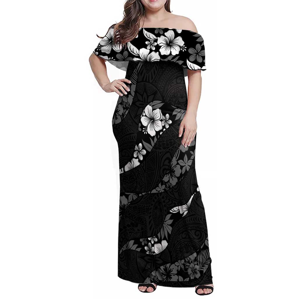 Aloha Hawaii Floral Tapa Family Matching Off Shoulder Maxi Dress and Hawaiian Shirt Patchwork Charcoal LT7 Mom's Dress Charcoal - Polynesian Pride