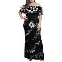Aloha Hawaii Floral Tapa Family Matching Off Shoulder Maxi Dress and Hawaiian Shirt Patchwork Charcoal LT7 Mom's Dress Charcoal - Polynesian Pride