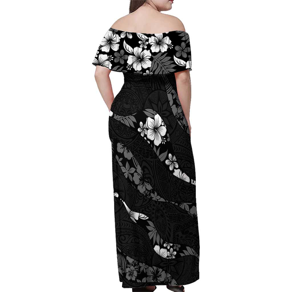 Aloha Hawaii Floral Tapa Family Matching Off Shoulder Maxi Dress and Hawaiian Shirt Patchwork Charcoal LT7 - Polynesian Pride