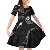Aloha Hawaii Floral Tapa Family Matching Off Shoulder Short Dress and Hawaiian Shirt Patchwork Charcoal LT7 Daughter's Dress Charcoal - Polynesian Pride