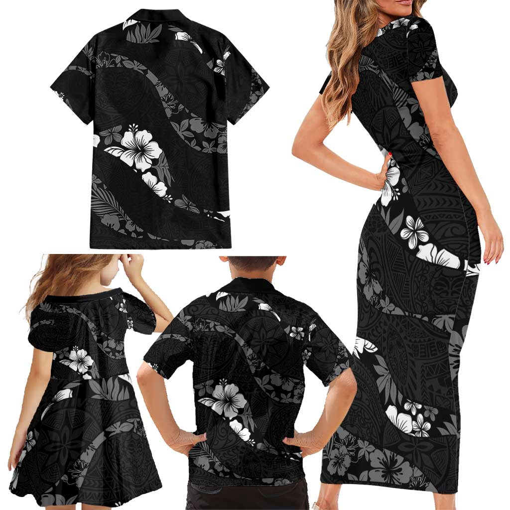 Aloha Hawaii Floral Tapa Family Matching Short Sleeve Bodycon Dress and Hawaiian Shirt Patchwork Charcoal LT7 - Polynesian Pride