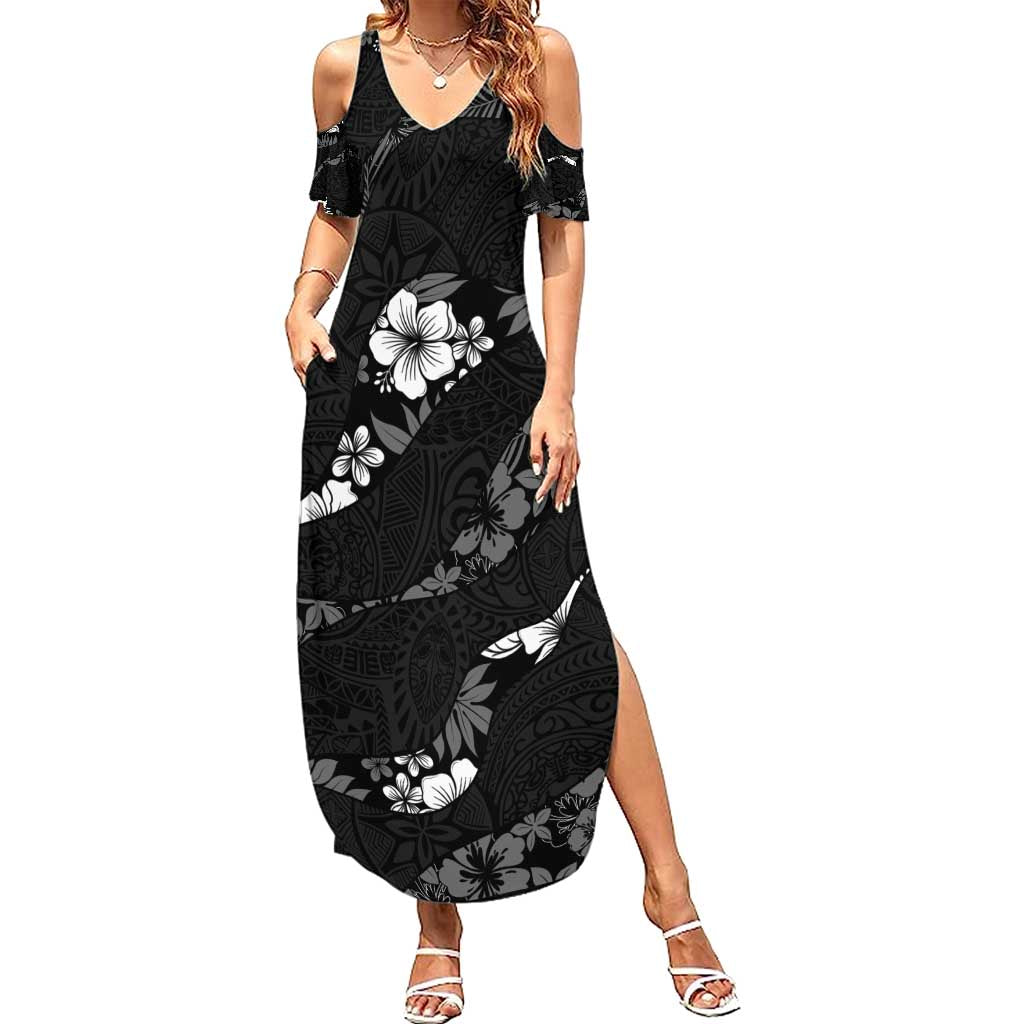 Aloha Hawaii Floral Tapa Family Matching Summer Maxi Dress and Hawaiian Shirt Patchwork Charcoal LT7 Mom's Dress Charcoal - Polynesian Pride