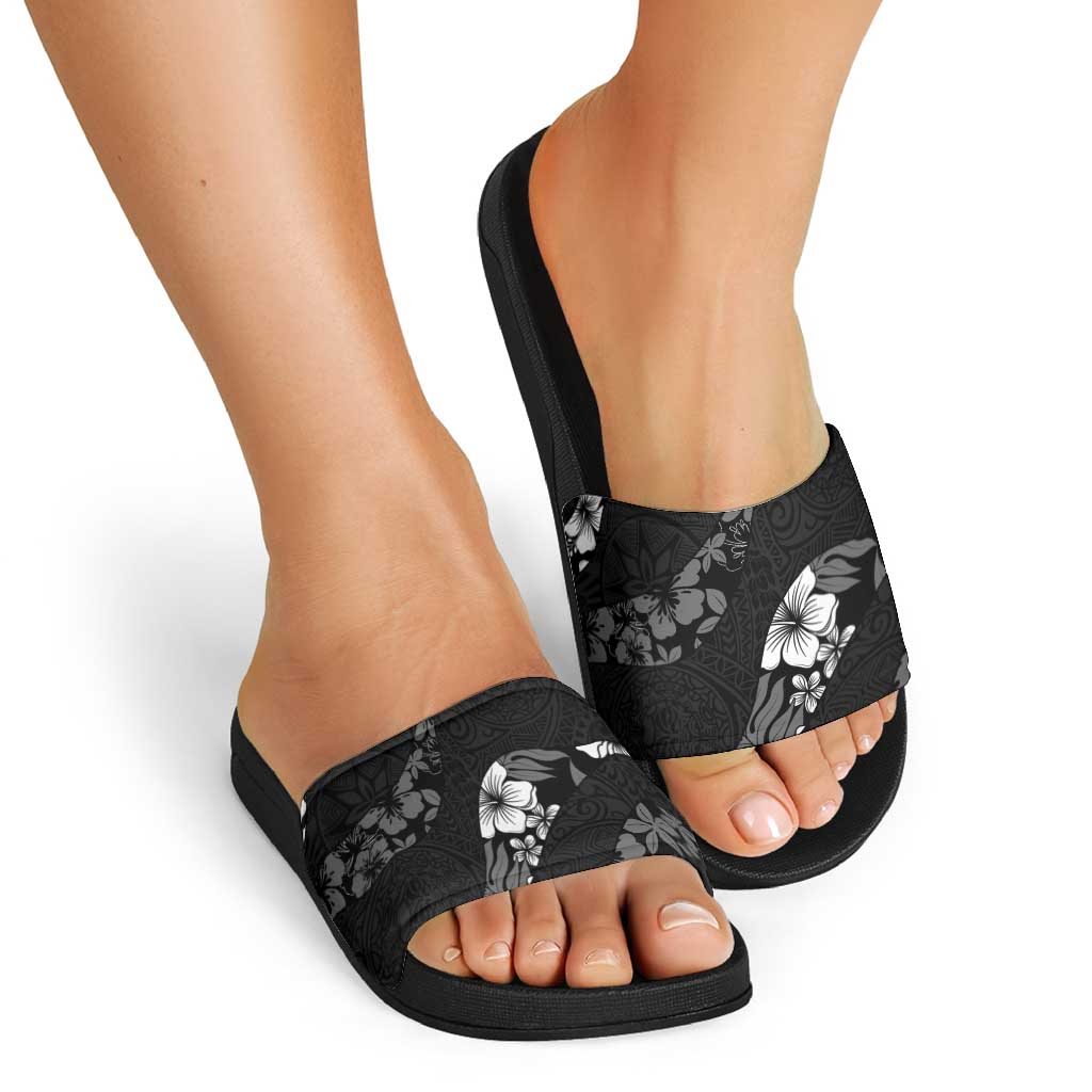 Aloha Hawaii Floral Tapa Slide Sandals Patchwork Charcoal - Polynesian Pride
