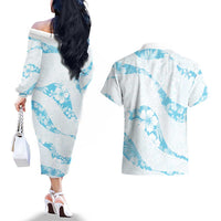 Aloha Hawaii Floral Tapa Couples Matching Off The Shoulder Long Sleeve Dress and Hawaiian Shirt Patchwork Turquoise LT7 - Polynesian Pride