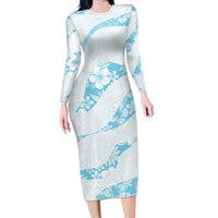 Aloha Hawaii Floral Tapa Family Matching Long Sleeve Bodycon Dress and Hawaiian Shirt Patchwork Turquoise LT7 Mom's Dress Turquoise - Polynesian Pride