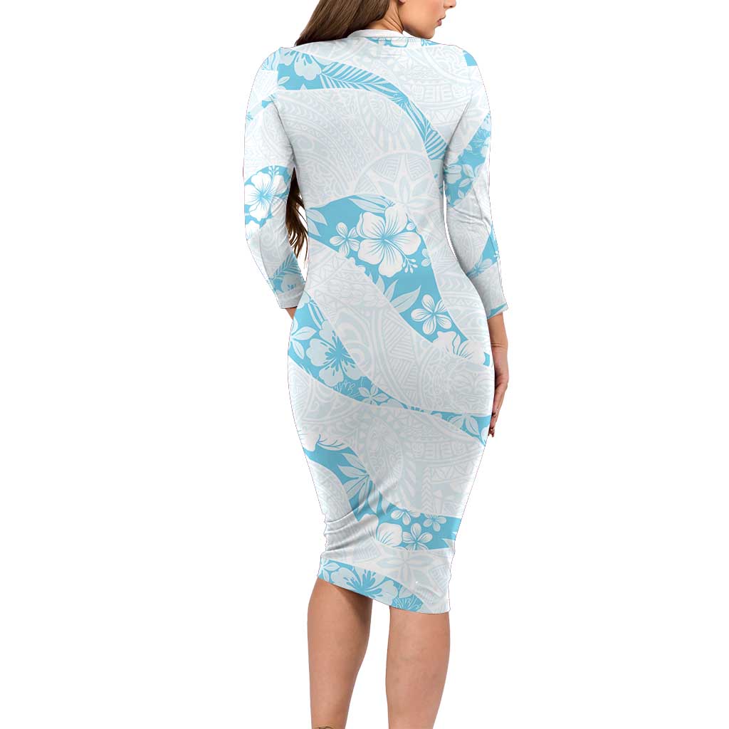 Aloha Hawaii Floral Tapa Family Matching Long Sleeve Bodycon Dress and Hawaiian Shirt Patchwork Turquoise LT7 - Polynesian Pride