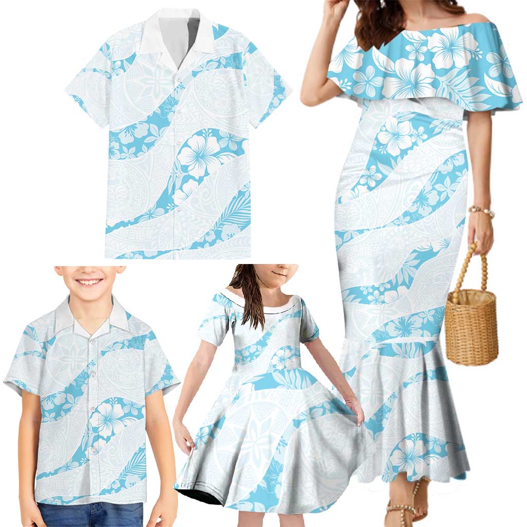 Aloha Hawaii Floral Tapa Family Matching Mermaid Dress and Hawaiian Shirt Patchwork Turquoise LT7 - Polynesian Pride