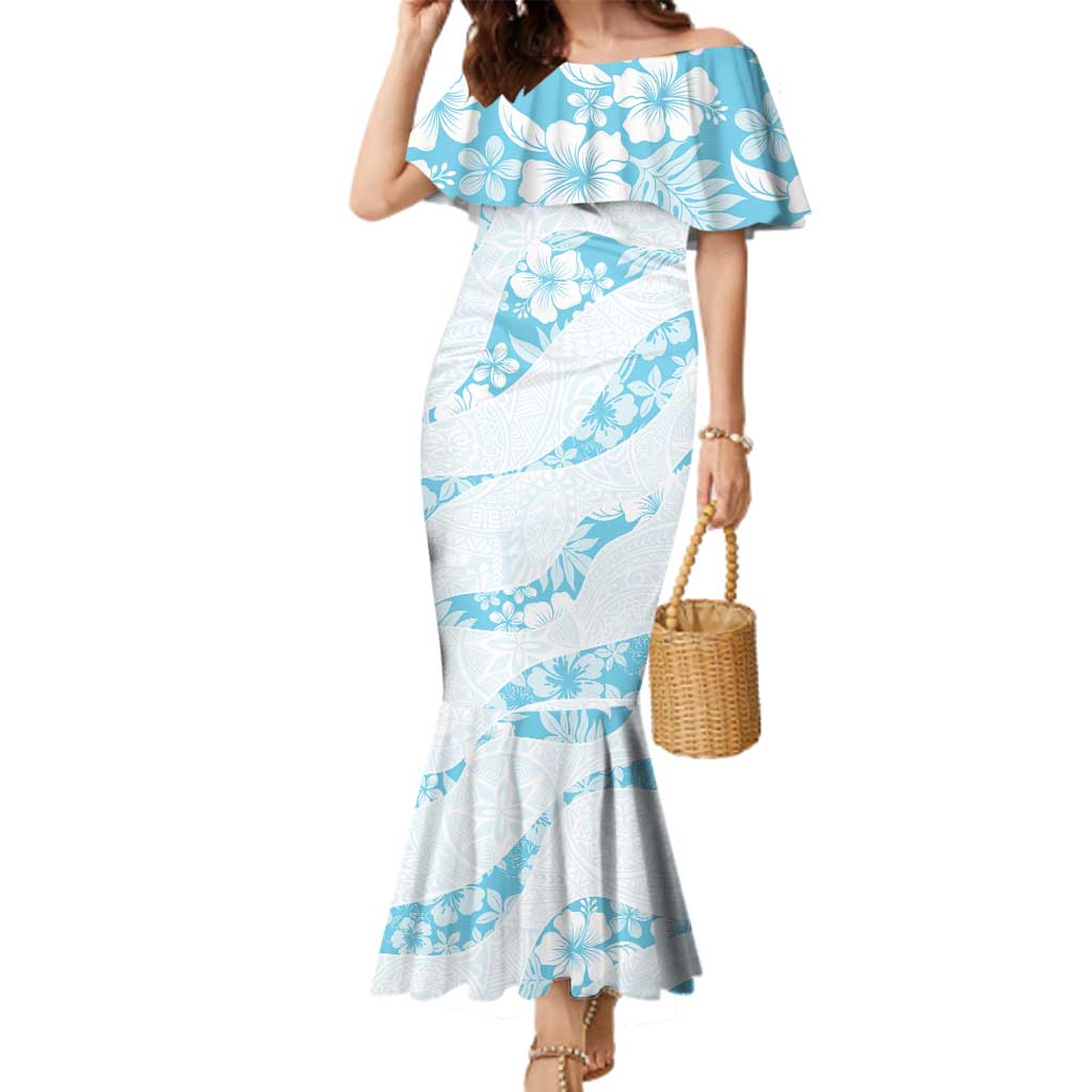Aloha Hawaii Floral Tapa Family Matching Mermaid Dress and Hawaiian Shirt Patchwork Turquoise LT7 Mom's Dress Turquoise - Polynesian Pride