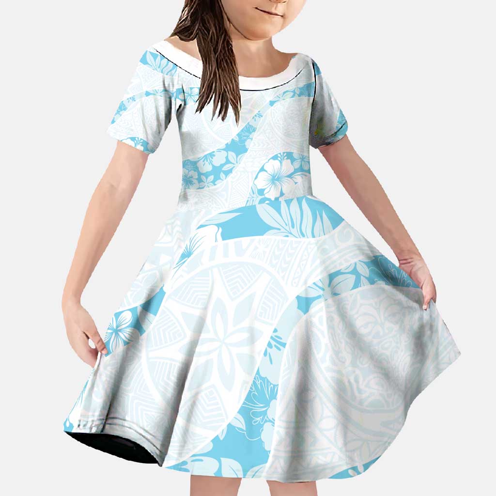 Aloha Hawaii Floral Tapa Family Matching Off Shoulder Maxi Dress and Hawaiian Shirt Patchwork Turquoise LT7 Daughter's Dress Turquoise - Polynesian Pride