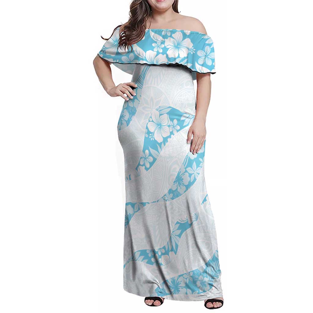 Aloha Hawaii Floral Tapa Family Matching Off Shoulder Maxi Dress and Hawaiian Shirt Patchwork Turquoise LT7 Mom's Dress Turquoise - Polynesian Pride