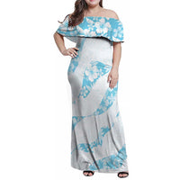 Aloha Hawaii Floral Tapa Family Matching Off Shoulder Maxi Dress and Hawaiian Shirt Patchwork Turquoise LT7 Mom's Dress Turquoise - Polynesian Pride