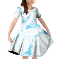 Aloha Hawaii Floral Tapa Family Matching Off Shoulder Short Dress and Hawaiian Shirt Patchwork Turquoise LT7 Daughter's Dress Turquoise - Polynesian Pride