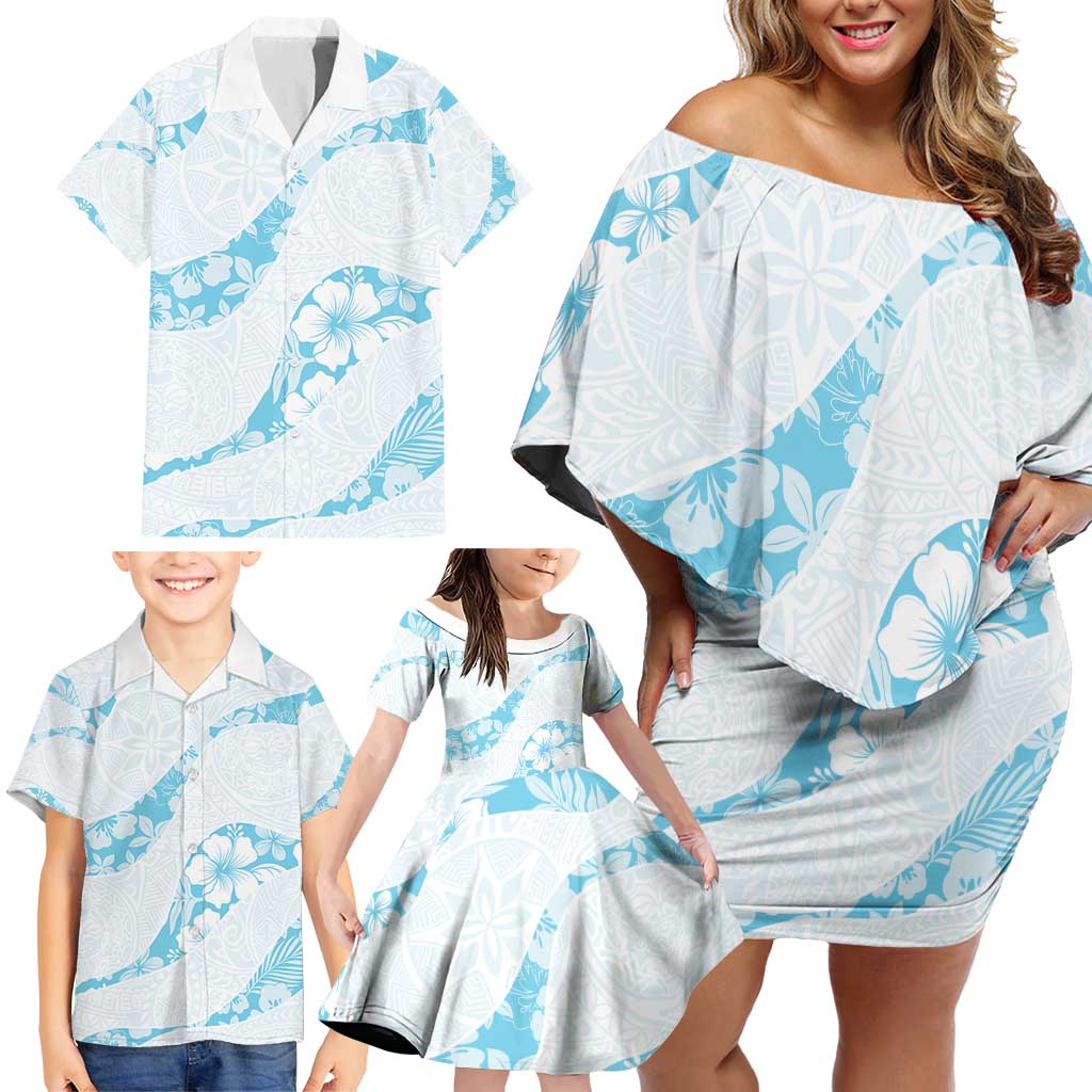 Aloha Hawaii Floral Tapa Family Matching Off Shoulder Short Dress and Hawaiian Shirt Patchwork Turquoise LT7 - Polynesian Pride