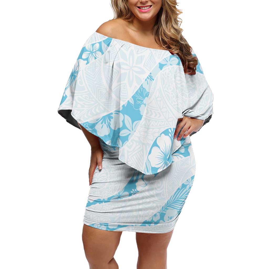 Aloha Hawaii Floral Tapa Family Matching Off Shoulder Short Dress and Hawaiian Shirt Patchwork Turquoise LT7 Mom's Dress Turquoise - Polynesian Pride