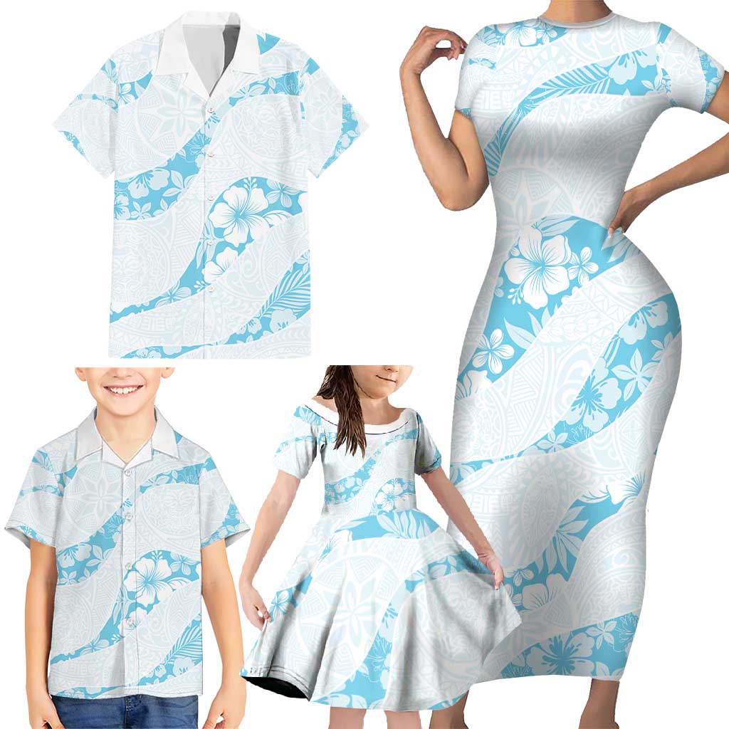 Aloha Hawaii Floral Tapa Family Matching Short Sleeve Bodycon Dress and Hawaiian Shirt Patchwork Turquoise LT7 - Polynesian Pride