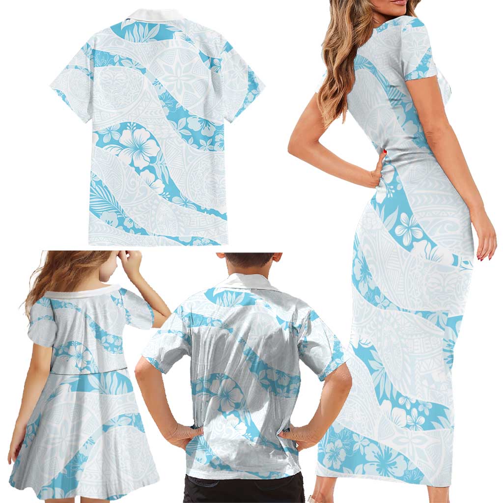Aloha Hawaii Floral Tapa Family Matching Short Sleeve Bodycon Dress and Hawaiian Shirt Patchwork Turquoise LT7 - Polynesian Pride
