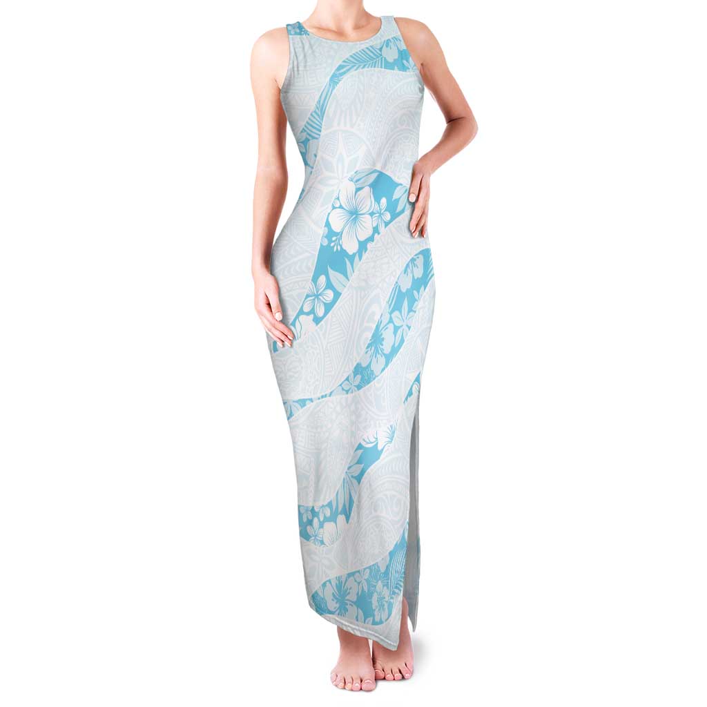 Aloha Hawaii Floral Tapa Family Matching Tank Maxi Dress and Hawaiian Shirt Patchwork Turquoise LT7 Mom's Dress Turquoise - Polynesian Pride